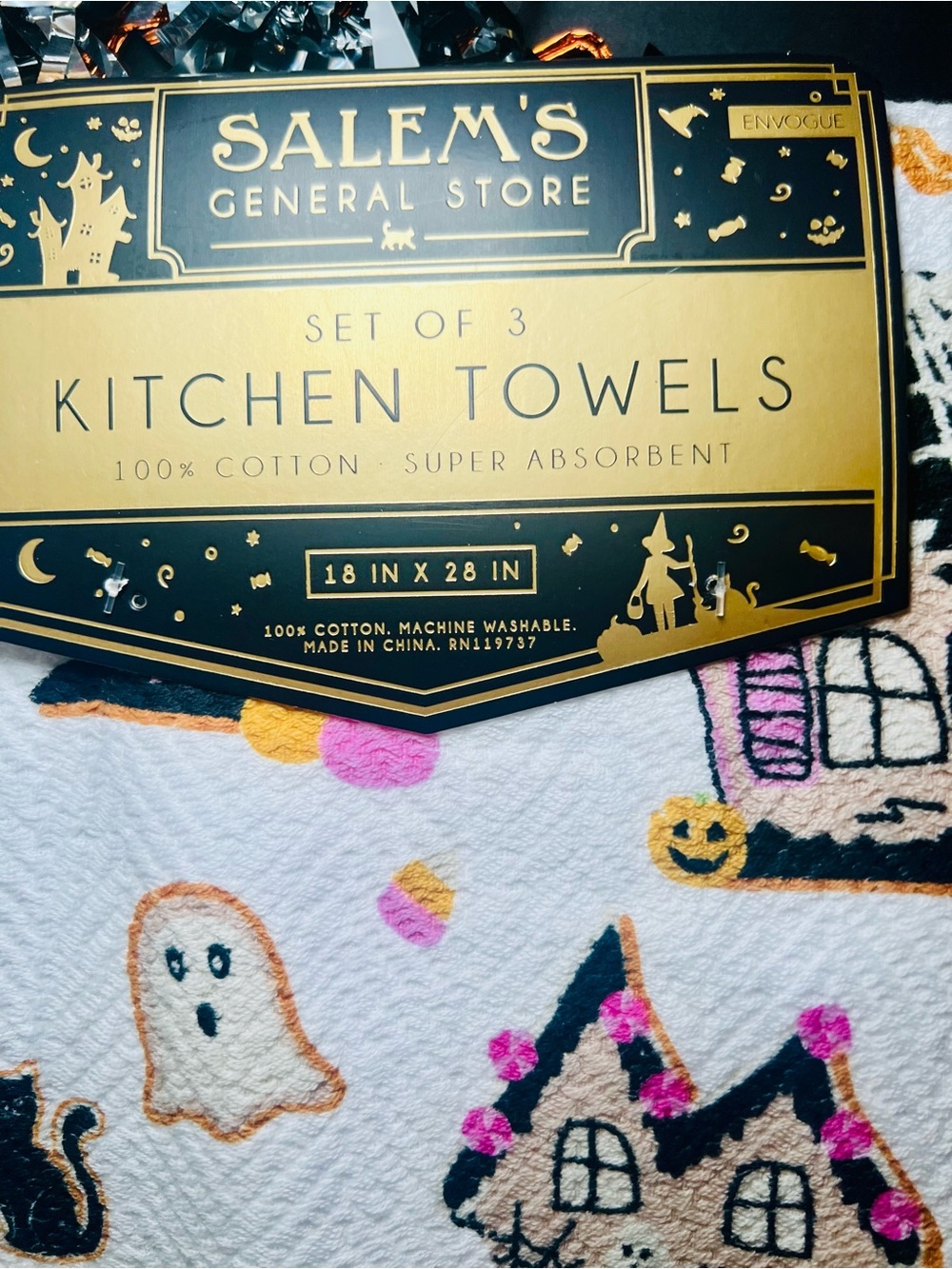 3 Halloween Gingerbread Cottage House Kitchen Towels Ghost Bat Cookies Candy - Picture 8 of 10